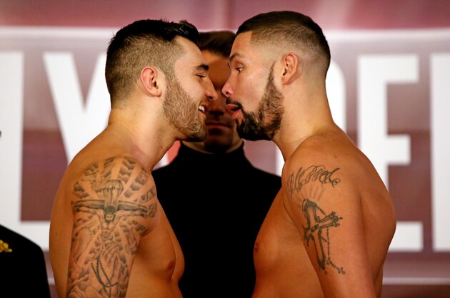 LIVERPOOL, ENGLAND - NOVEMBER 21:  Nathan Cleverly and Tony Bellew come face to face during the weigh in at  on November 21, 2014 in Liverpool, England.  (Photo by Scott Heavey/Getty Images)