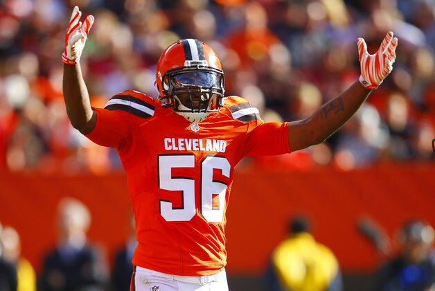 Cleveland Browns inside linebacker Karlos Dansby (56) asks for crowd support against the Arizona Cardinals during an NFL football game Sunday, Nov. 1, 2015, in Cleveland. Arizona won 34-20. (Jeff Haynes/AP Images for Panini)