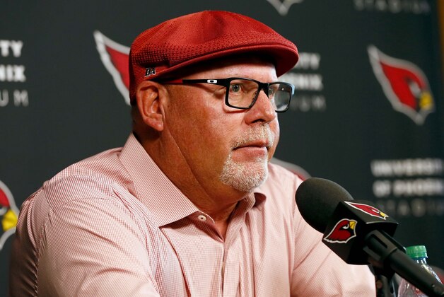 Arizona Cardinals head coach Bruce Arians speaks to the media Monday, Jan. 25, 2016, in Tempe, Ariz. The Cardinals lost to the Carolina Panthers in the NFC Championship football game to end their season. (AP Photo/Matt York)