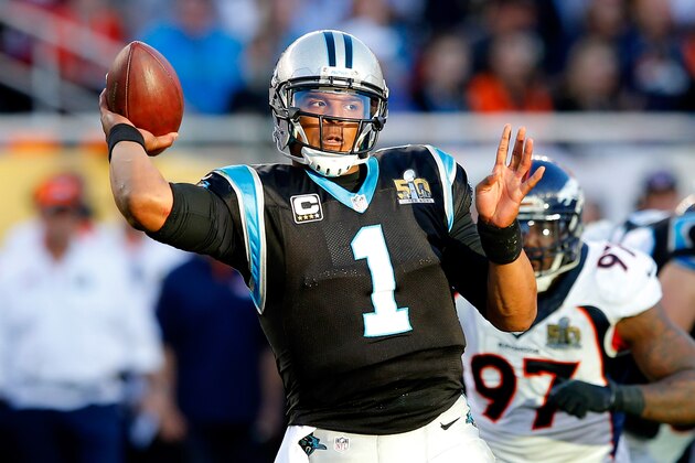 SANTA CLARA, CA - FEBRUARY 07:  Cam Newton #1 of the Carolina Panthers attempts a pass against the Denver Broncos during Super Bowl 50 at Levi's Stadium on February 7, 2016 in Santa Clara, California.  (Photo by Kevin C. Cox/Getty Images)