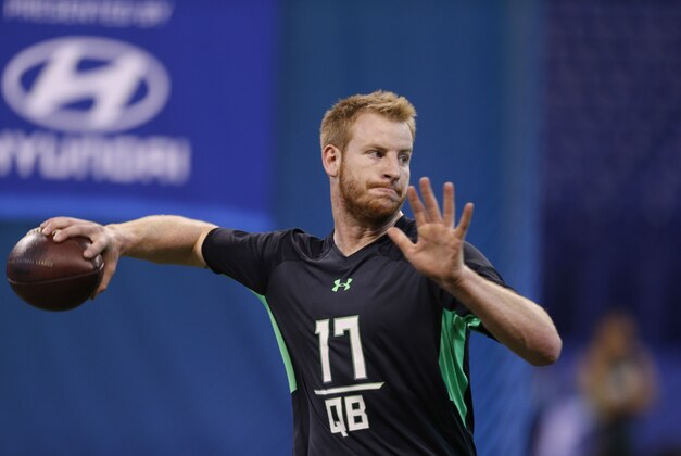 Feb 27, 2016; Indianapolis, IN, USA; North Dakota State Bisons quarterback Carson Wentz throws a pass during the 2016 NFL Scouting Combine at Lucas Oil Stadium. Mandatory Credit: Brian Spurlock-USA TODAY Sports
