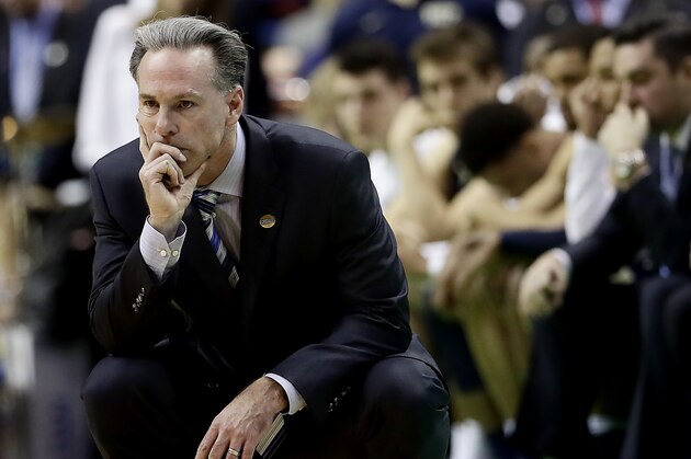 Pittsburgh coach Jamie Dixon watches the final moments of a first-round men's college basketball game against Wisconsin in the NCAA Tournament, Friday, March 18, 2016, in St. Louis. Wisconsin won 47-43. (AP Photo/Charlie Riedel)