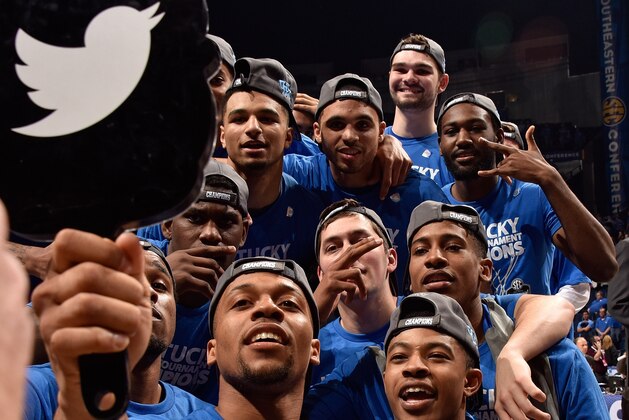 NASHVILLE, TN - MARCH 13:  The the Kentucky Wildcats take a selfie for Twitter after an 82-77 overtime Kentucky victory over the Texas A&M Aggies to win the SEC Basketball Tournament Championship at Bridgestone Arena on March 13, 2016 in Nashville, Tennessee.  (Photo by Frederick Breedon/Getty Images)