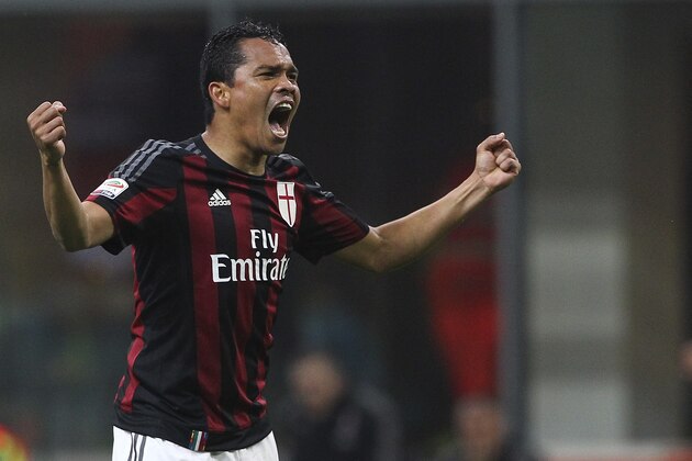 MILAN, ITALY - MARCH 20:  Carlos Bacca of AC Milan celebrates his goal during the Serie A match between AC Milan and SS Lazio at Stadio Giuseppe Meazza on March 20, 2016 in Milan, Italy.  (Photo by Marco Luzzani/Getty Images)