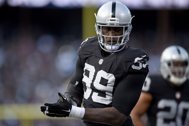 OAKLAND, CA - NOVEMBER 15:  Aldon Smith #99 of the Oakland Raiders looks on during a timeout against the Minnesota Vikings in the third quarter of their NFL football game at O.co Coliseum on November 15, 2015 in Oakland, California.  (Photo by Thearon W. Henderson/Getty Images)