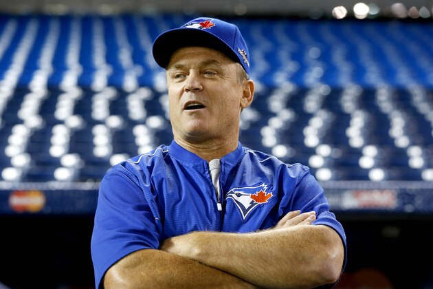 Toronto Blue Jays manager John Gibbons watches during batting practice before Game 5 of baseball's American League Championship Series  against the Kansas City Royals on Wednesday, Oct. 21, 2015, in Toronto. (AP Photo/Paul Sancya)