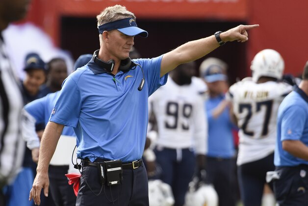 San Diego Chargers head coach Mike McCoy points to his players after the Chargers scored a touchdown during an NFL football game against the Cleveland Browns Sunday, October 4, 2015 in San Diego.  (AP Photo/Denis Poroy)