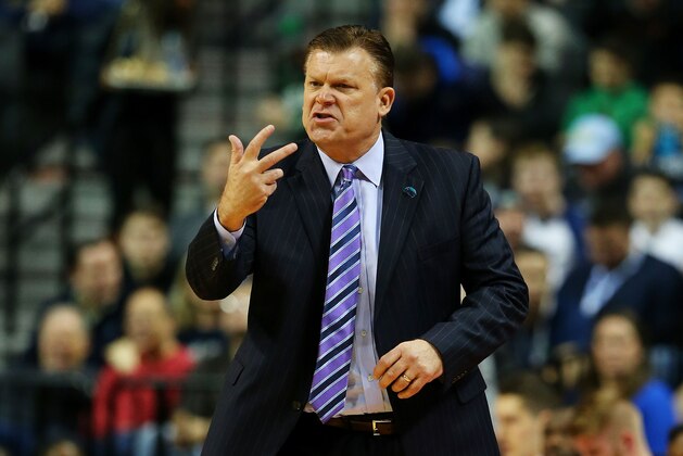 NEW YORK, NY - MARCH 20:  Head coach Brad Underwood of the Stephen F. Austin Lumberjacks reacts in the first half against the Notre Dame Fighting Irish during the second round of the 2016 NCAA Men's Basketball Tournament at Barclays Center on March 20, 2016 in the Brooklyn borough of New York City.  (Photo by Elsa/Getty Images)