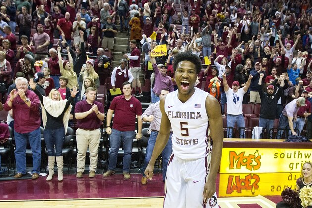 Florida State guard Malik Beasley (5) reacts at the buzzer after defeating Virginia 69-62 in an NCAA college basketball game in Tallahassee, Fla., Sunday, Jan. 17, 2016. (AP Photo/Mark Wallheiser)