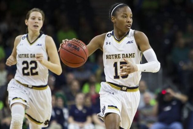 FILE - In this Feb. 27, 2016, file photo, Notre Dame’s Lindsay Allen (15) brings the ball downcourt in front of teammate Madison Cable (22) during Notre Dame's 70-58 win against Boston College in an NCAA college basketball game, in South Bend, Ind. The two-time defending champion Fighting Irish (28-1) are once again the team to beat when the ACC tournament starts Wednesday, March 2, 2016. (AP Photo/Robert Franklin, File)