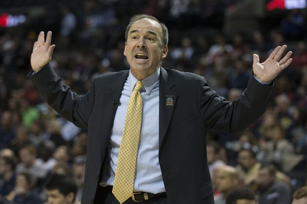 NEW YORK, NY - MARCH 11: Head coach Mike Lonergan of the George Washington Colonials reacts in the game against the Saint Joseph's Hawks in the quarterfinals round of the men's Atlantic 10 tournament on March 11, 2016 at the Barclays Center in the Brooklyn borough of New York City. The Hawks defeated the Colonials 86-80. (Photo by Mitchell Leff/Getty Images)
