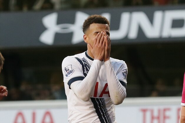 Tottenham’s Dele Alli, center, holds his hands to his head after a missed chance during the English Premier League soccer match between Tottenham Hotspur and Bournemouth at White Hart Lane in London, Sunday March 20, 2016. (AP Photo/Tim Ireland) Tottenham’s Dele Alli, center, holds his hands to his head after a missed chance during the English Premier League soccer match between Tottenham Hotspur and Bournemouth at White Hart Lane in London, Sunday March 20, 2016. (AP Photo/Tim Ireland)