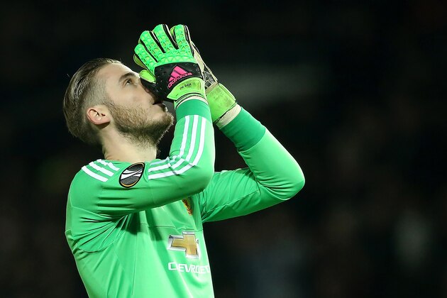 MANCHESTER, ENGLAND - MARCH 17:  David De Gea of Manchester United reacts during the UEFA Europa League Round of 16 Second Leg match between Manchester United and Liverpool at Old Trafford on March 17, 2016 in Manchester, England.  (Photo by Matthew Ashton - AMA/Getty Images)