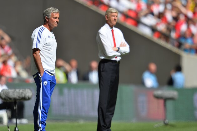 Chelsea's Portuguese manager Jose Mourinho (L) and Arsenal's French manager Arsene Wenger (R) watch from the side during the FA Community Shield football match between Arsenal and Chelsea at Wembley Stadium in north London on August 2, 2015. AFP PHOTO / GLYN KIRK

 -- NOT FOR MARKETING OR ADVERTISING USE / RESTRICTED TO EDITORIAL USE --        (Photo credit should read GLYN KIRK/AFP/Getty Images)