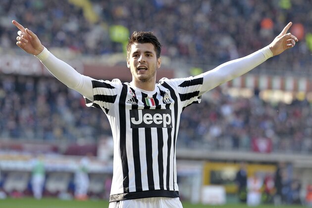 Juventus' Alvaro Morata celebrates after scoring during a Serie A soccer match between Torino and Juventus at Turin's Olympic stadium, Sunday, March 20, 2016. Juventus won 4-1. (Alessandro Di Marco/ANSA via AP)