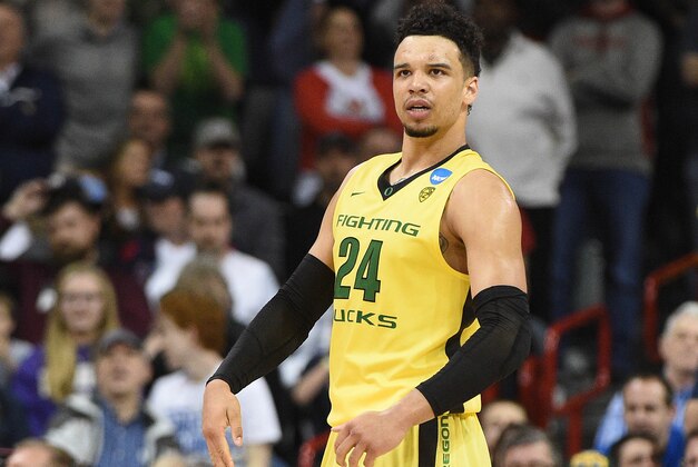 March 20, 2016; Spokane , WA, USA; Oregon Ducks forward Dillon Brooks (24) reacts during the 69-64 victory against St. Joseph's Hawks during the second half in the second round of the 2016 NCAA Tournament at Spokane Veterans Memorial Arena. Mandatory Credit: Kyle Terada-USA TODAY Sports March 20, 2016; Spokane , WA, USA; Oregon Ducks forward Dillon Brooks (24) reacts during the 69-64 victory against St. Joseph's Hawks during the second half in the second round of the 2016 NCAA Tournament at Spokane Veterans Memorial Arena. Mandatory Credit: Kyle Terada-USA TODAY Sports