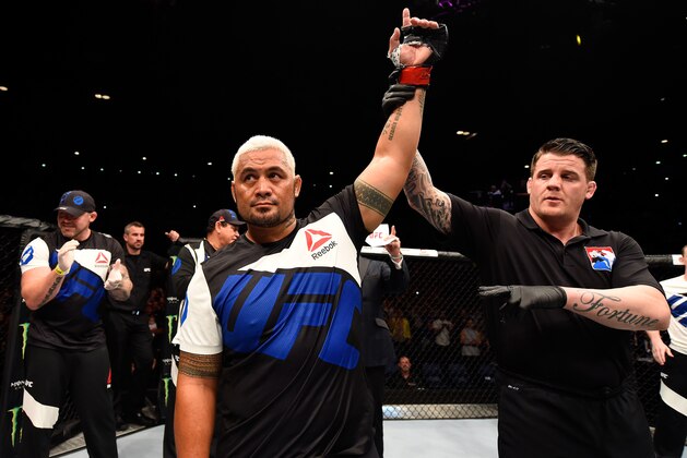 BRISBANE, AUSTRALIA - MARCH 20:  Mark Hunt of New Zealand celebrates after defeating Frank Mir of the United States after their heavyweight bout during the UFC Fight Night event at the Brisbane Entertainment Centre on March 20, 2016 in Brisbane, Australia. (Photo by Josh Hedges/Zuffa LLC/Zuffa LLC via Getty Images)