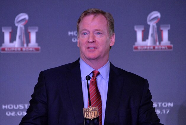 Feb 8, 2016; San Francisco, CA, USA; NFL commissioner Roger Goodell speaks during Super Bowl LI press conference at the Moscone Center. Mandatory Credit: Kirby Lee-USA TODAY Sports