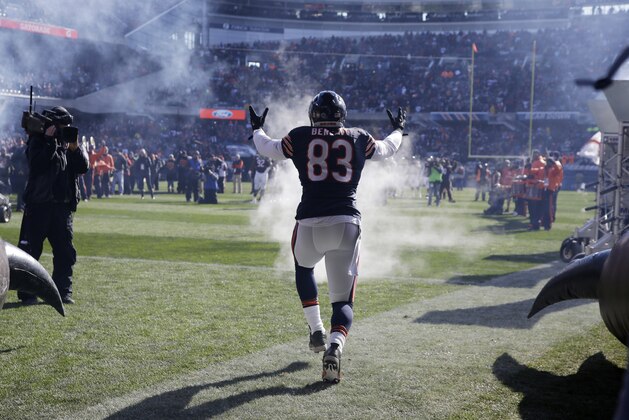 Chicago Bears tight end Martellus Bennett (83) is introduced before an NFL football game against the Denver Broncos, Sunday, Nov. 22, 2015, in Chicago. (AP Photo/Nam Y. Huh)