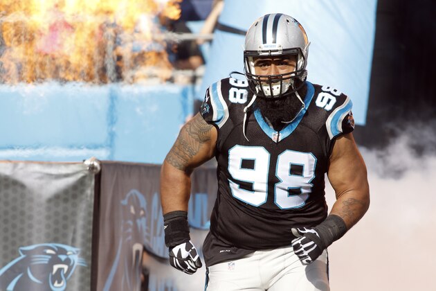 Carolina Panthers' Star Lotulelei (98) takes the field during team introductions before an NFL football game against the Atlanta Falcons in Charlotte, N.C., Sunday, Dec. 13, 2015. The Panthers won 38-0. (AP Photo/Bob Leverone)