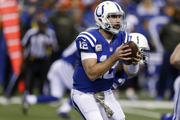 Nov 8, 2015; Indianapolis, IN, USA; Indianapolis Colts quarterback Andrew Luck (12) throws a pass against the Denver Broncos at Lucas Oil Stadium. Indianapolis defeats Denver 27-24. Mandatory Credit: Brian Spurlock-USA TODAY Sports