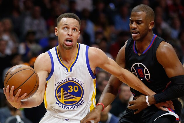 LOS ANGELES, CA - FEBRUARY 20:  Stephen Curry #30 of the Golden State Warriors dribbles past Chris Paul #3 of the Los Angeles Clippers during the first half of a game at Staples Center on February 20, 2016 in Los Angeles, California.. NOTE TO USER: User expressly acknowledges and agrees that, by downloading and or using this photograph, User is consenting to the terms and conditions of the Getty Images License Agreement.  (Photo by Sean M. Haffey/Getty Images)