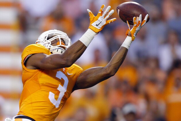 Tennessee wide receiver Josh Malone (3) can't hold onto the ball during the first half of an NCAA college football game against Western Carolina on Saturday, Sept. 19, 2015, in Knoxville, Tenn. (AP Photo/Wade Payne)