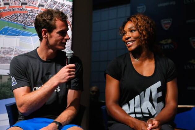 NEW YORK, NY - AUGUST 22:  Serena Williams (R) of the United States and Andy Murray (L) of Great Britain are interviewed during the Draw Ceremony prior to the start of the 2013 US Open at the USTA Billie Jean King National Tennis Center on August 22, 2013 in New York City.  (Photo by Mike Stobe/Getty Images for the USTA)
