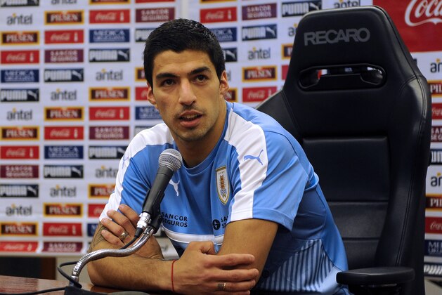 Uruguay player Luis Suarez speaks at a press conference in the Complejo Celeste in Montevideo on March 22, 2016 after the national team's practice ahead of the World Cup 2018 qualifier match against Brazil on March 25.  AFP PHOTO/ Miguel ROJO / AFP / MIGUEL ROJO        (Photo credit should read MIGUEL ROJO/AFP/Getty Images)