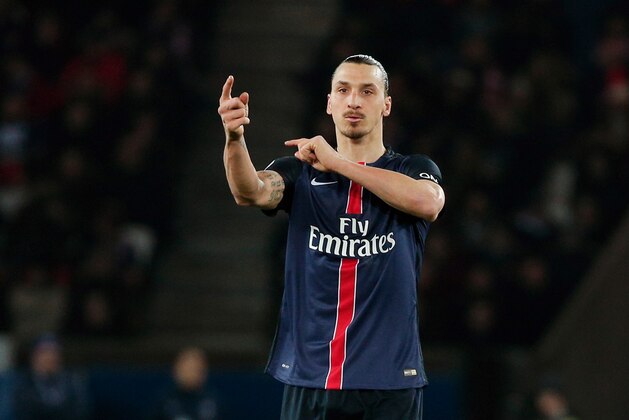PSG's Zlatan Ibrahimovic gestures during his League One soccer match against Monaco, at the Parc des Princes stadium, in Paris, Sunday, March 20, 2016. (AP Photo/Thibault Camus)