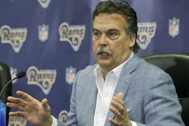 Los Angeles Rams head coach Jeff Fisher responds to a question during a NFL football news conference in Manhattan Beach, Calif., on Friday, March 4, 2016. Two months after NFL owners signed off on the Rams' move from St. Louis to Los Angeles, coach Jeff Fisher gathered the team's players in their new home for the first time Friday. (AP Photo/Nick Ut)
