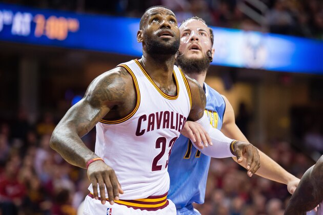 CLEVELAND, OH - MARCH 21: LeBron James #23 of the Cleveland Cavaliers boxes out Joffrey Lauvergne #77 of the Denver Nuggets during the first half at Quicken Loans Arena on March 21, 2016 in Cleveland, Ohio. NOTE TO USER: User expressly acknowledges and agrees that, by downloading and/or using this photograph, user is consenting to the terms and conditions of the Getty Images License Agreement. Mandatory copyright notice. (Photo by Jason Miller/Getty Images)