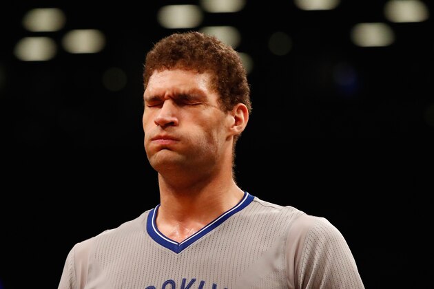 NEW YORK, NY - MARCH 22:  Brook Lopez #11 of the Brooklyn Nets reacts after shooting an airball in the final seconds against a 105-100 loss to the Charlotte Hornets during their game at the Barclays Center on March 22, 2016 in New York City.  NOTE TO USER: User expressly acknowledges and agrees that, by downloading and/or using this Photograph, user is consenting to the terms and conditions of the Getty Images License Agreement.  (Photo by Al Bello/Getty Images)