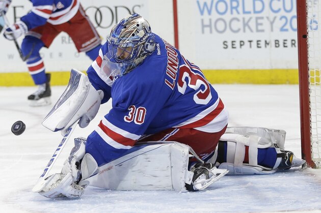 New York Rangers goalie Henrik Lundqvist (30), of Sweden, stops a shot on goal during the first period of an NHL hockey game against the Florida Panthers, Monday, March 21, 2016, in New York. (AP Photo/Frank Franklin II)