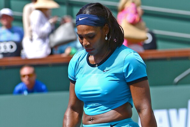 Mar 20, 2016; Indian Wells, CA, USA; Serena Williams (USA) during her women's final match against Victoria Azarenka (BLR) in the BNP Paribas Open at the Indian Wells Tennis Garden. Azarenka won 6-4, 6-4. Mandatory Credit: Jayne Kamin-Oncea-USA TODAY Sports
