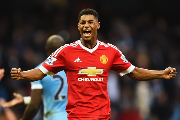MANCHESTER, ENGLAND - MARCH 20:  Winning goalscorer Marcus Rashford of Manchester United celebrates victory after the Barclays Premier League match between Manchester City and Manchester United at Etihad Stadium on March 20, 2016 in Manchester, United Kingdom.  (Photo by Laurence Griffiths/Getty Images)