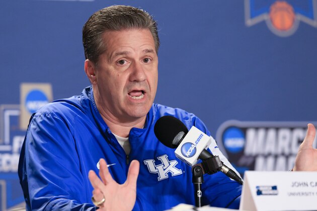 Kentucky coach John Calipari speaks during a news conference ahead of a second-round men's college basketball game in the NCAA Tournament in Des Moines, Iowa, Friday, March 18, 2016. Kentucky plays Indiana on Saturday. (AP Photo/Nati Harnik)