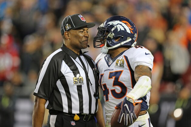 Denver Broncos T.J. Ward #43 talks with a ref after intercepting a pass against the Carolina Panthers during the NFL Super Bowl 50 football game Sunday, Feb. 7, 2016, in Santa Clara, Calif.  (AP Photo/Gregory Payan)