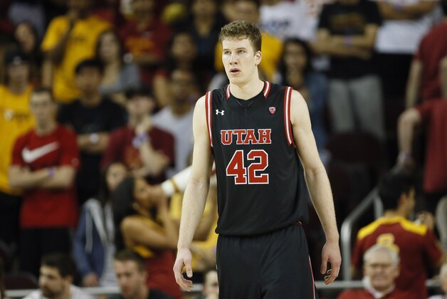 Utah's Jakob Poeltl stands on the court against Southern California during the second half of an NCAA college basketball game, Sunday, Feb. 21, 2016, in Los Angeles. Utah won 80-69. (AP Photo/Danny Moloshok)