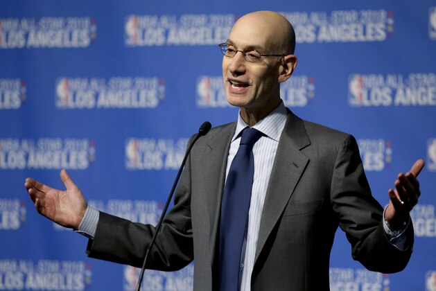 NBA Commissioner Adam Silver announces that Los Angeles will host the 2018 NBA All-Star Game, at Staples Center in Los Angeles on Tuesday, March 22, 2016. (AP Photo/Chris Carlson)