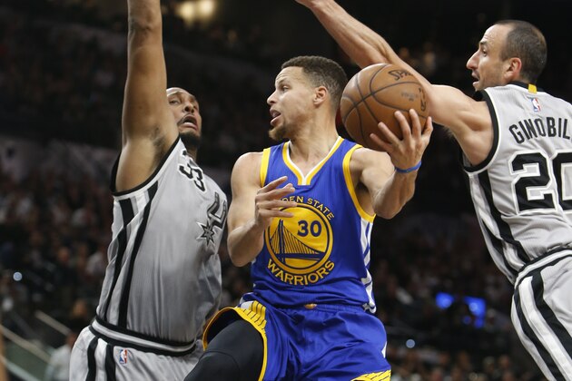 SAN ANTONIO, TX - MARCH 19: Stephen Curry #30 of the Golden States Warriors looks to pass after driving between Boris Diaw #33 of the San Antonio Spurs and Manu Ginobili #20 of the San Antonio Spurs at AT&T Center on March 19, 2016 in San Antonio, Texas.  NOTE TO USER: User expressly acknowledges and agrees that , by downloading and or using this photograph, User is consenting to the terms and conditions of the Getty Images License Agreement. (Photo by Ronald Cortes/Getty Images)