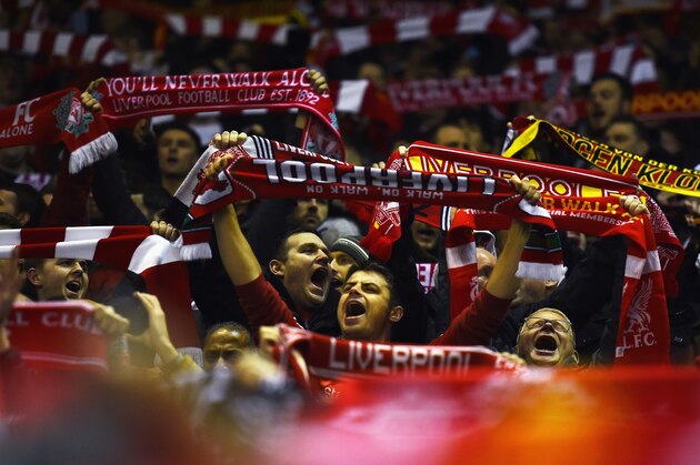 LIVERPOOL, ENGLAND - MARCH 10:  Liverpool fans show their support prior to the UEFA Europa League Round of 16 first leg match between Liverpool and Manchester United at Anfield on March 10, 2016 in Liverpool, United Kingdom.  (Photo by Laurence Griffiths/Getty Images)