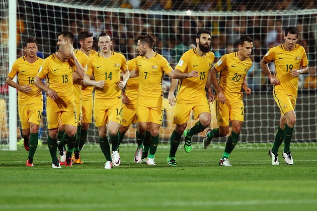 ADELAIDE, SOUTH AUSTRALIA - MARCH 24: Mile Jedinak of Australia is congratulated by teammates after he scored a goal from the penalty spot during the 2018 FIFA World Cup Qualification match between the Australia Socceroos and Tajikistan at the Adelaide Oval on March 24, 2016 in Adelaide, Australia. (Photo by Morne de Klerk/Getty Images) ADELAIDE, SOUTH AUSTRALIA - MARCH 24: Mile Jedinak of Australia is congratulated by teammates after he scored a goal from the penalty spot during the 2018 FIFA World Cup Qualification match between the Australia Socceroos and Tajikistan at the Adelaide Oval on March 24, 2016 in Adelaide, Australia. (Photo by Morne de Klerk/Getty Images)