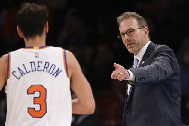 New York Knicks coach Kurt Rambis motions to guard Jose Calderon during the second quarter of an NBA basketball game against the Orlando Magic, Friday, Feb. 26, 2016, in New York. The Knicks won 108-95. (AP Photo/Julie Jacobson)