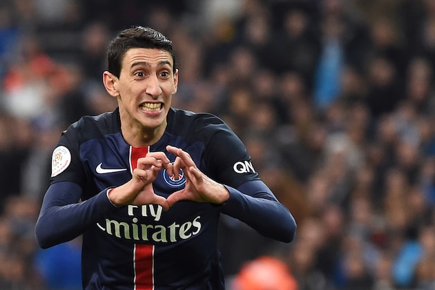 Paris Saint-Germain's Argentinian forward Angel Di Maria (R) celebrates after scoring a goal during the French L1 football match between Marseille and Paris-Saint-Germain on February 7, 2015 at the Velodrome stadium in Marseille, southern France.  AFP PHOTO / ANNE-CHRISTINE POUJOULAT / AFP / ANNE-CHRISTINE POUJOULAT        (Photo credit should read ANNE-CHRISTINE POUJOULAT/AFP/Getty Images)
