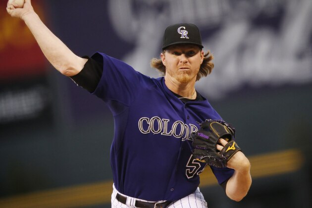 Colorado Rockies starting pitcher Jon Gray (55) in the first inning of a baseball game Monday, Sept. 21, 2015, in Denver. (AP Photo/David Zalubowski)