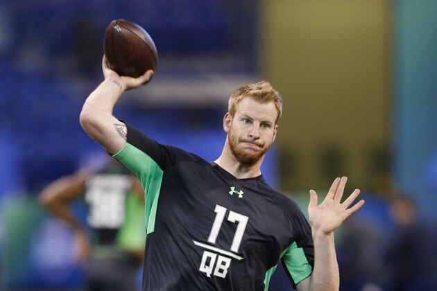 INDIANAPOLIS, IN - FEBRUARY 27: Quarterback Carson Wentz of North Dakota State throws during the 2016 NFL Scouting Combine at Lucas Oil Stadium on February 27, 2016 in Indianapolis, Indiana. (Photo by Joe Robbins/Getty Images) INDIANAPOLIS, IN - FEBRUARY 27: Quarterback Carson Wentz of North Dakota State throws during the 2016 NFL Scouting Combine at Lucas Oil Stadium on February 27, 2016 in Indianapolis, Indiana. (Photo by Joe Robbins/Getty Images)