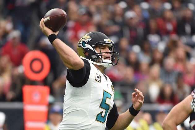 Jacksonville Jaguars quarterback Blake Bortles (5) throws against the Houston Texans during the first half of an NFL football game Sunday, Jan. 3, 2016, in Houston. (AP Photo/Eric Christian Smith)