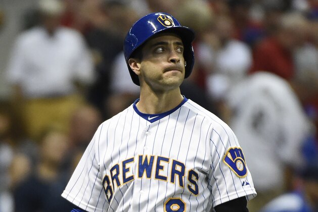 Aug 7, 2015; Milwaukee, WI, USA; Milwaukee Brewers right fielder Ryan Braun (8) walks back to the dugout after striking out in the seventh inning against the St. Louis Cardinals at Miller Park. Mandatory Credit: Benny Sieu-USA TODAY Sports