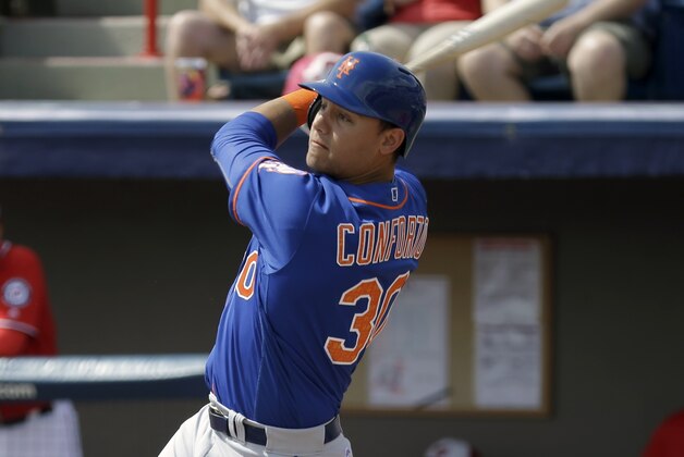 New York Mets' Michael Conforto bats against the Washington Nationals in a spring training baseball game, Thursday, March 3, 2016, in Viera, Fla. (AP Photo/John Raoux) New York Mets' Michael Conforto bats against the Washington Nationals in a spring training baseball game, Thursday, March 3, 2016, in Viera, Fla. (AP Photo/John Raoux)